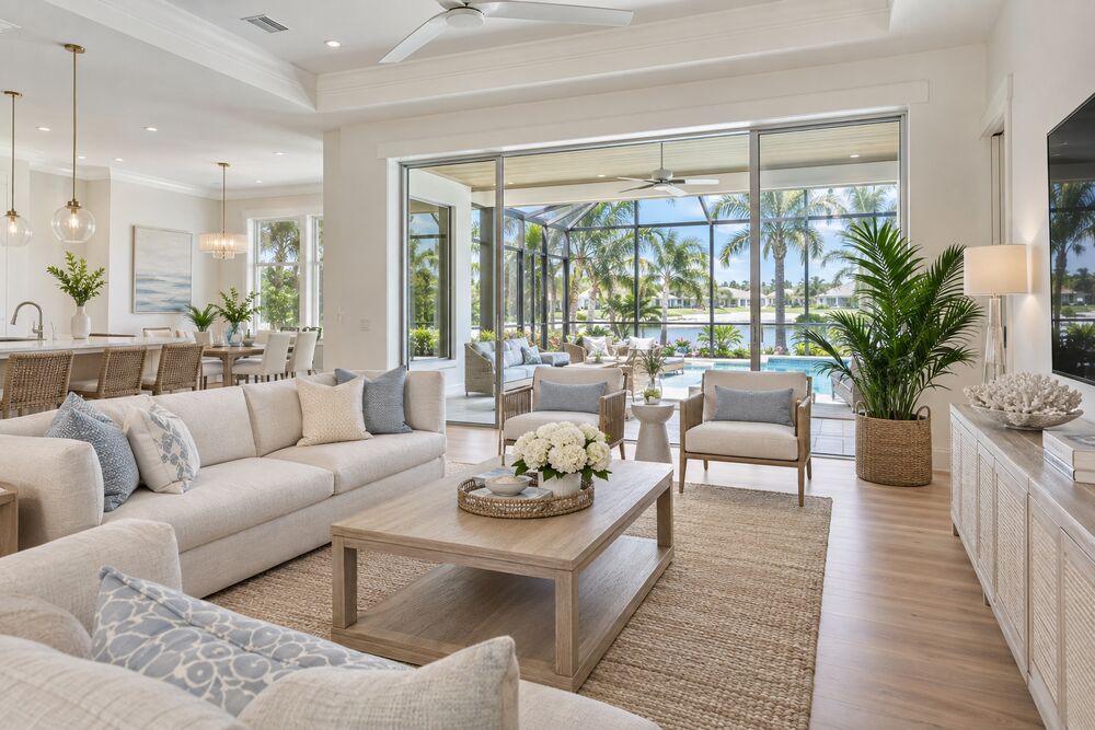 A bright, staged living room in a coastal Florida home